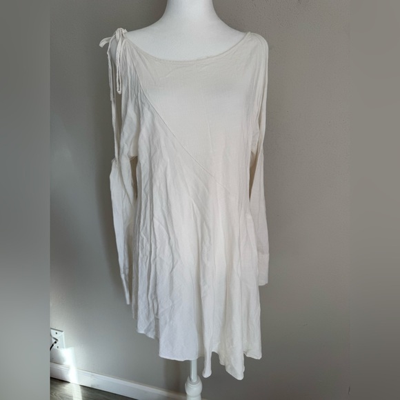 Free People Cream Tied Cold Shoulder Asymmetrical Mini Shirt Dress Women M Boho - Picture 1 of 9